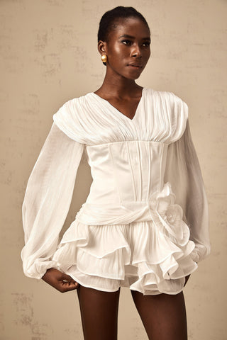 Rosier Pleated Ruffle Mini Dress — White