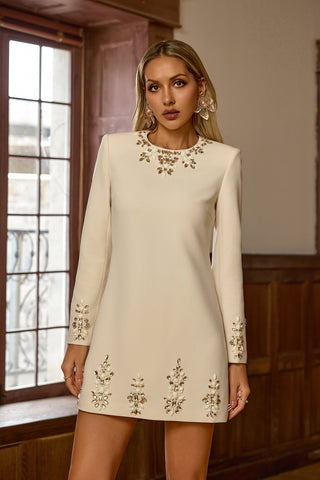 Narnia Long-Sleeve Mini Dress — Beige