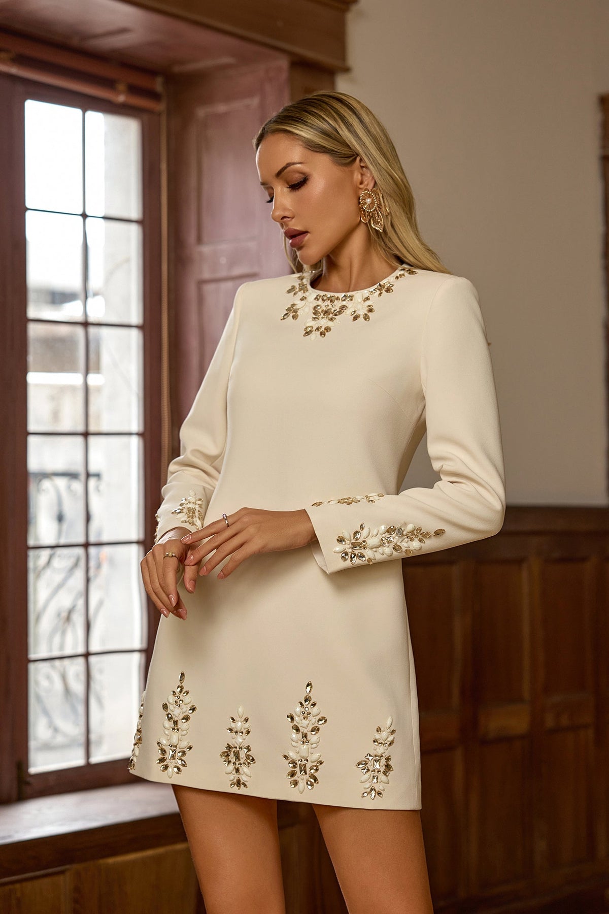 Narnia Long-Sleeve Mini Dress — Beige