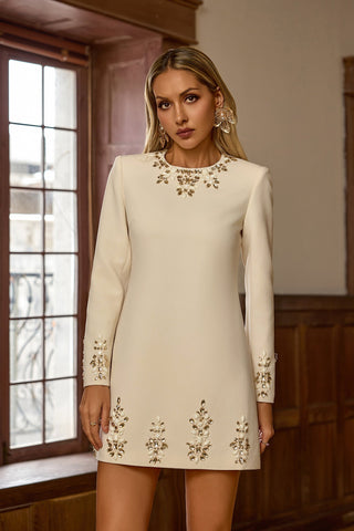 Narnia Long-Sleeve Mini Dress — Beige