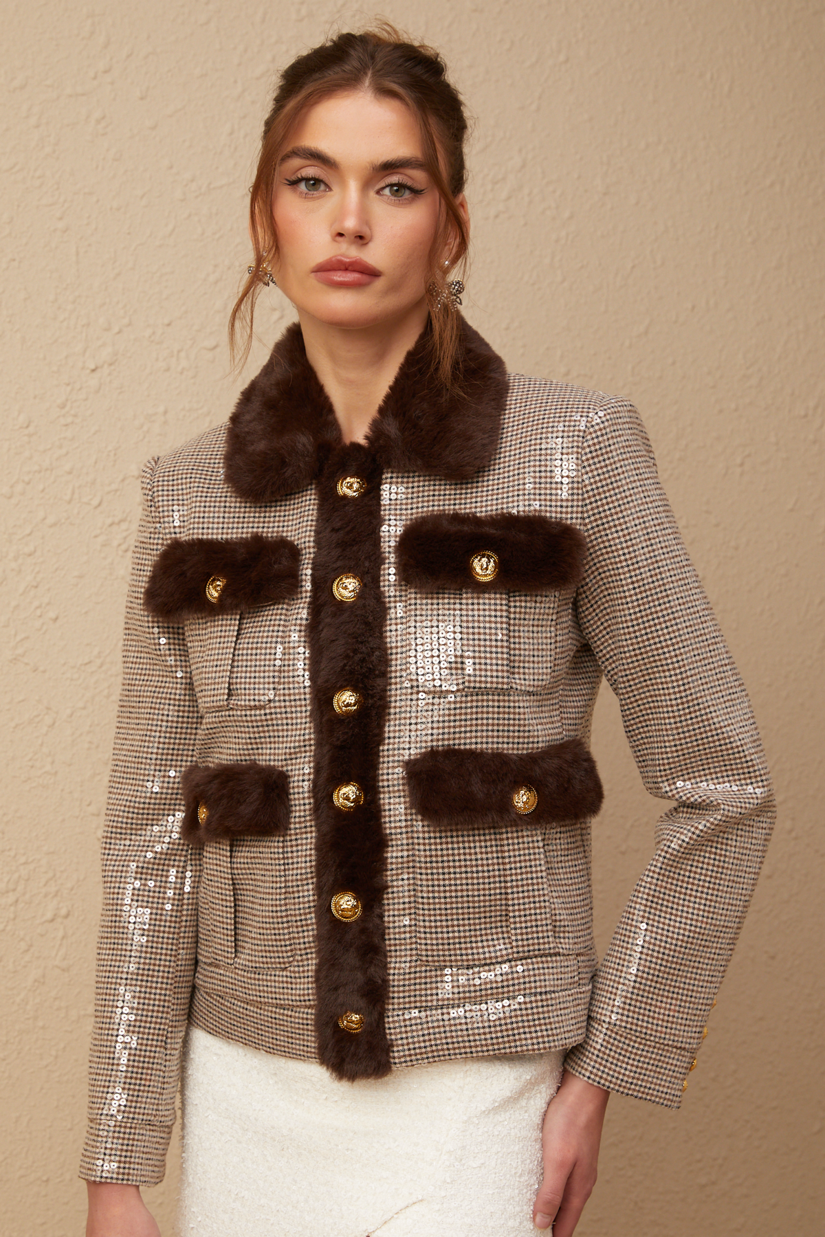 Renée Houndstooth Faux-Fur Coat — Brown
