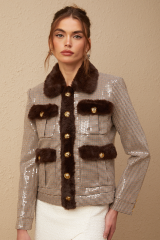 Renée Houndstooth Faux-Fur Coat — Brown