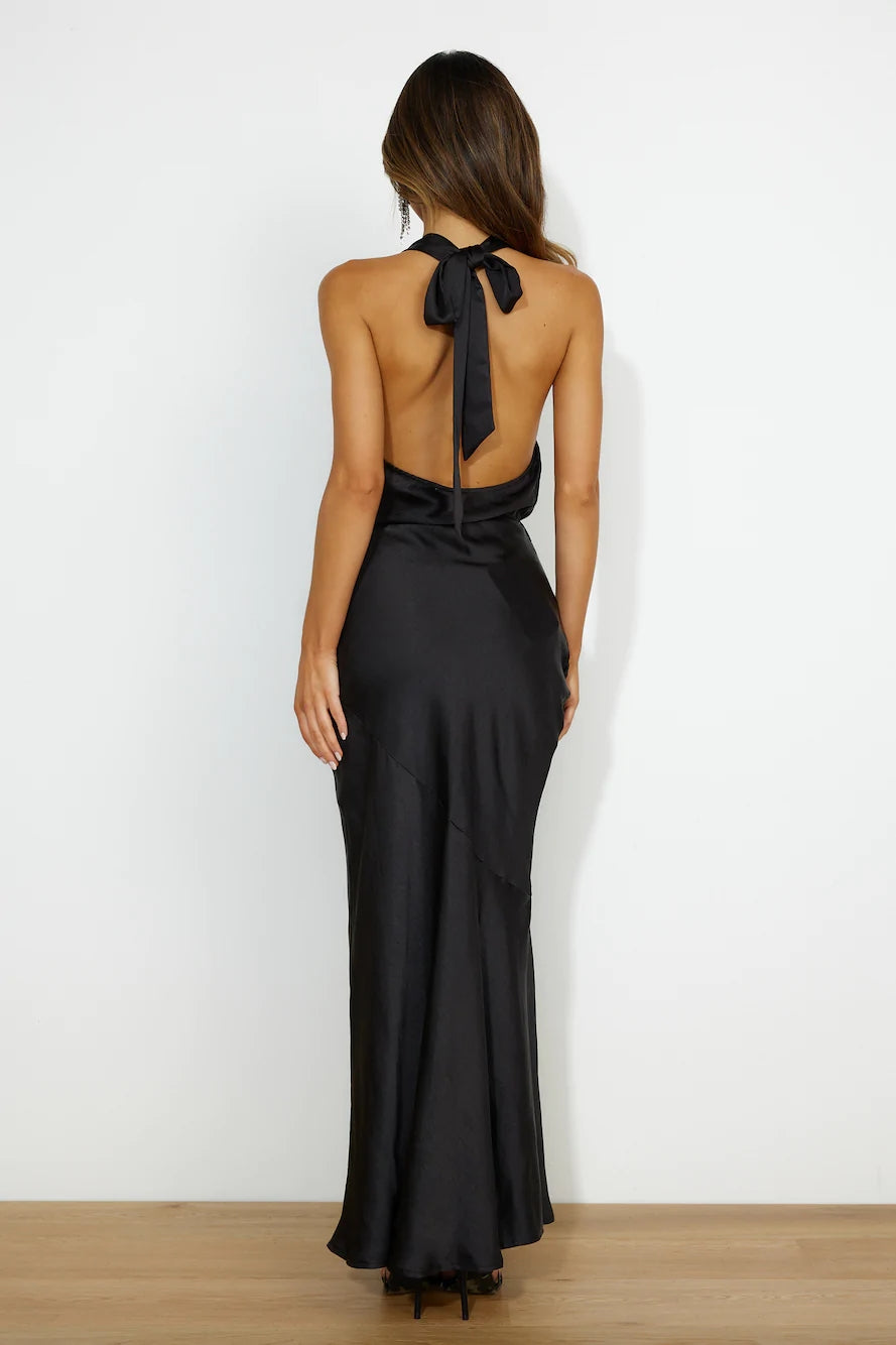 Halter Maxi Party Dress — Black, Cuavan