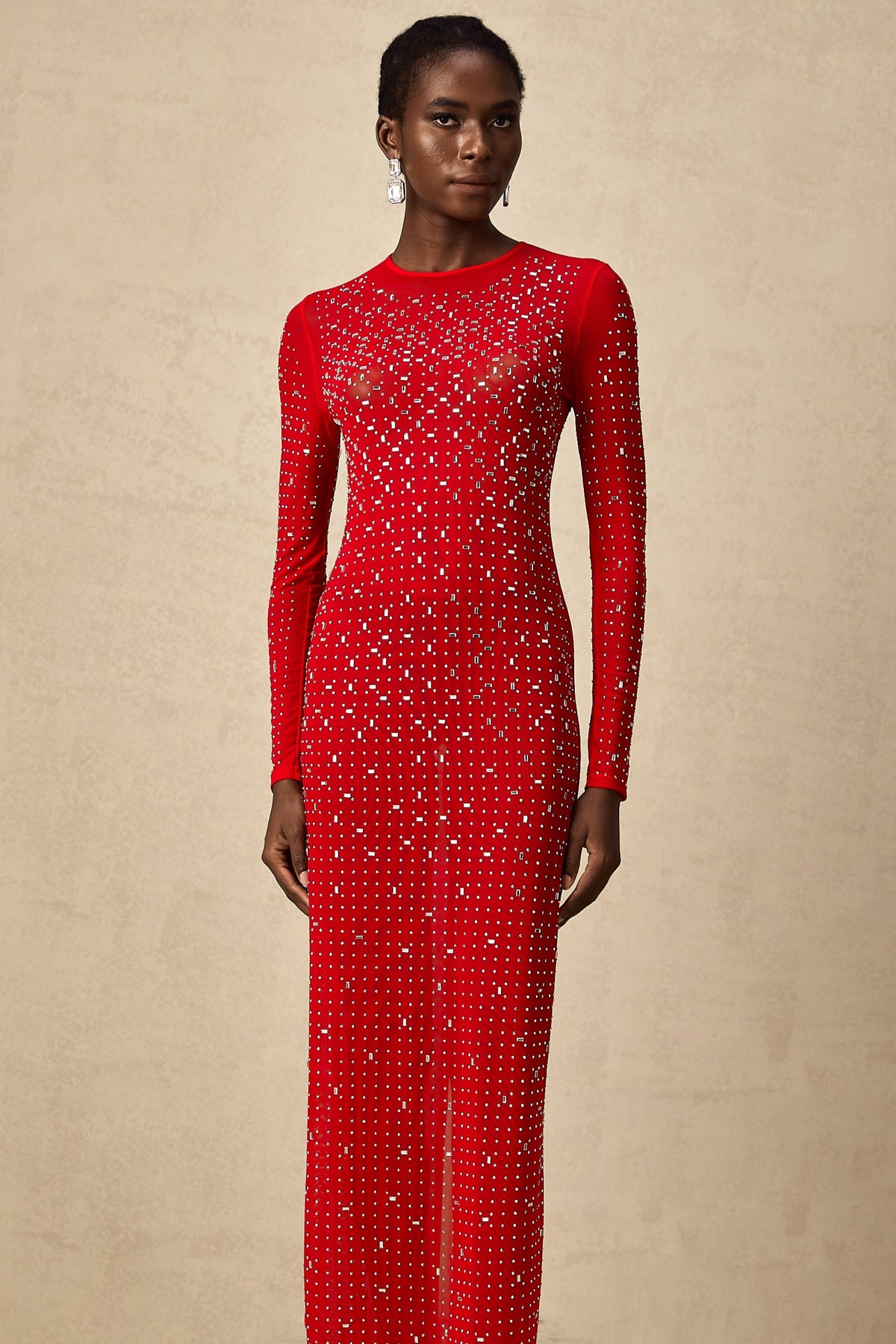 Ghislaine Rhinestone Tulle Maxi Dress — Red