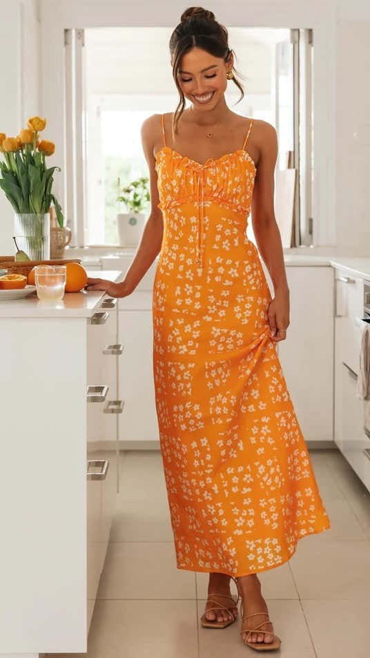Floral Slip Midi Dress — Orange (Tie Trim), Cuavan