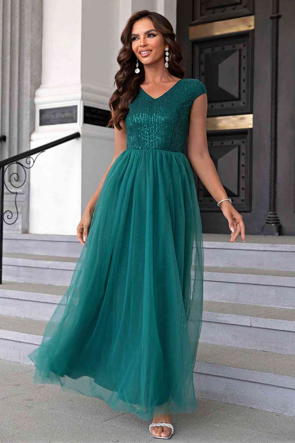 Sequin V-Neck Mesh Maxi Dress, Cuavan