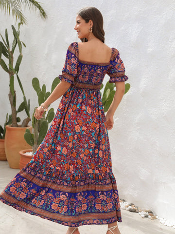 Floral Flounce Sleeve Midi Dress, Cuavan