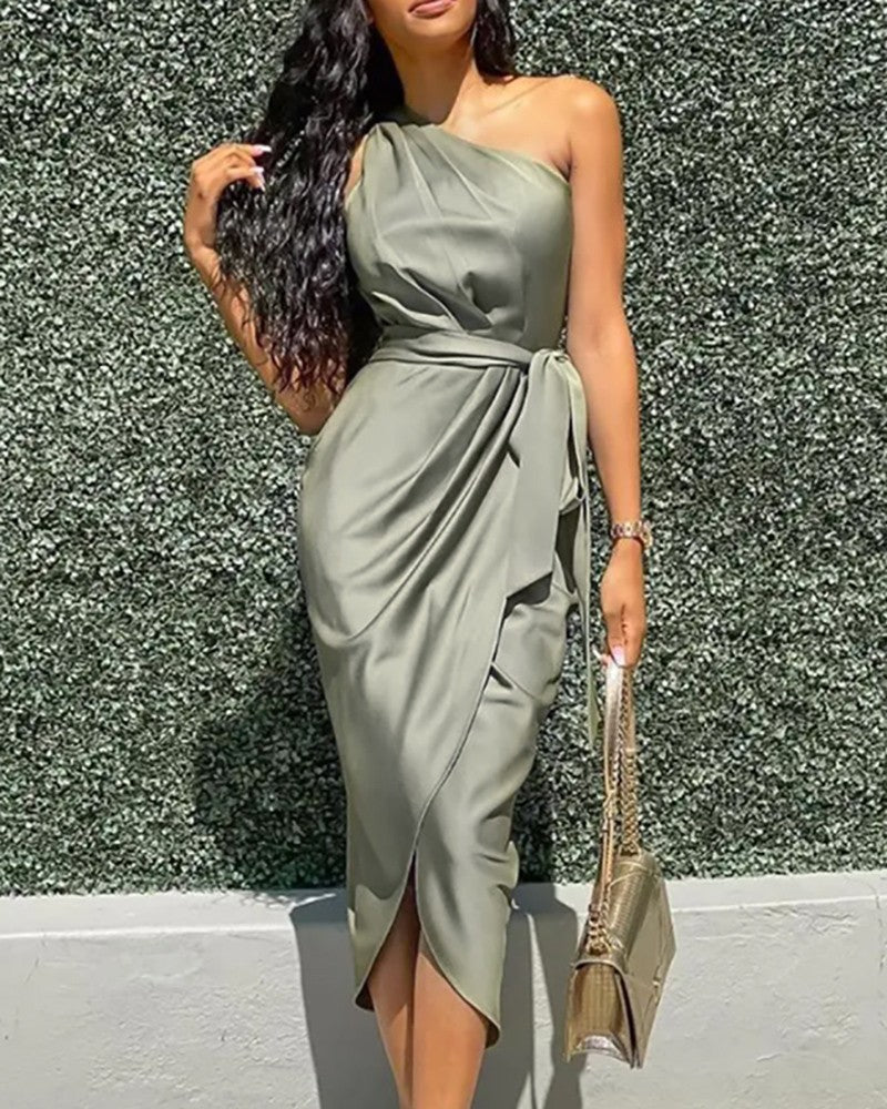 One-Shoulder Ruched Slit Party Dress, Cuavan