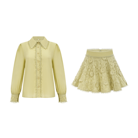 Hélène Floral Embroidery Shirt and Skirt Set — Green