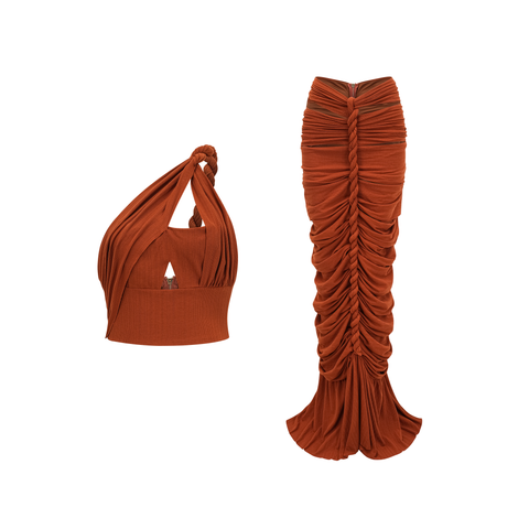 Célestine Twisted Cut-Out Top and Skirt Set — Brown