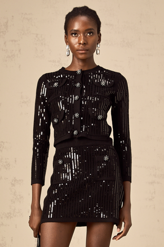 Iris Sequined Ribbed-Knit Cardigan and Skirt Set — Black