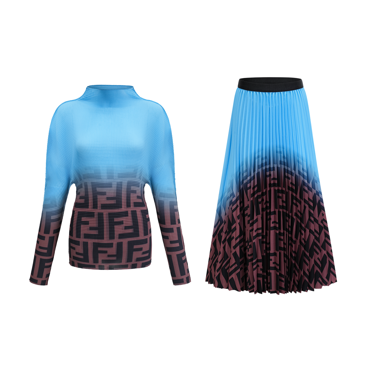 Désirée Color-Block Pleated Top and Skirt Set — Blue & Brown