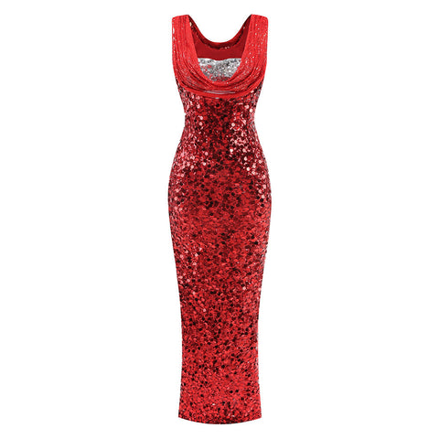 Maisie Sequin Cowl-Neck Maxi Gown — Ruby Red