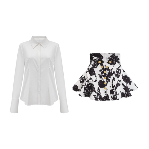 Léonor Floral Print Shirt and Skirt Set — Black & White
