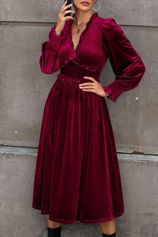 Smocked Lantern Sleeve Midi Dress, Cuavan