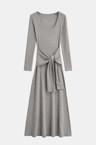 Tied Scoop Neck Long Sleeve Maxi Dress, Cuavan