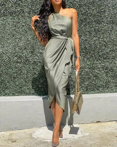 One-Shoulder Ruched Slit Party Dress, Cuavan