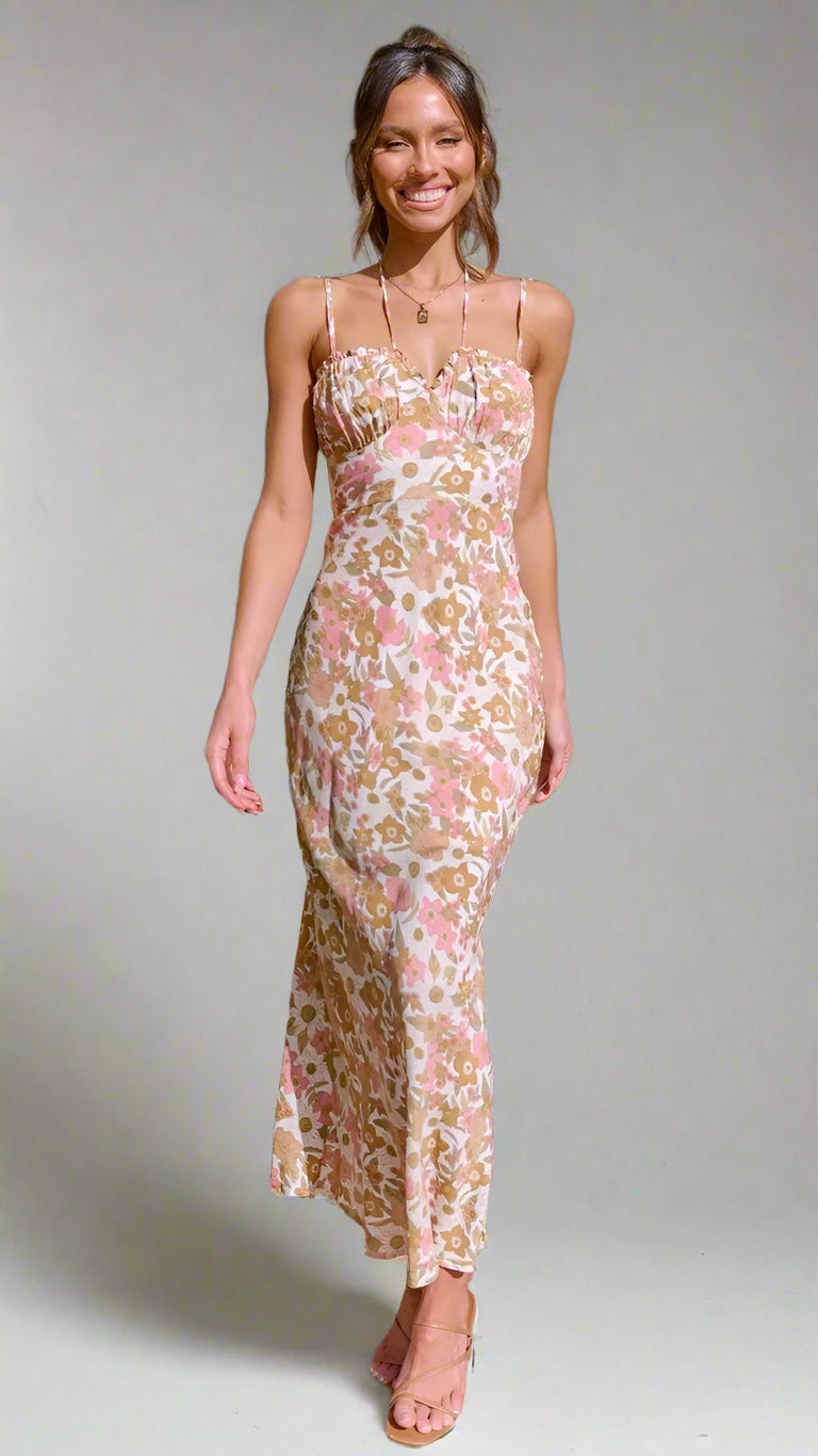 Floral Shoulder-Tie Midi Dress — Orange, Cuavan