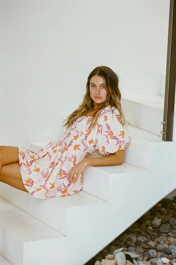 Floral Mini Dress — Orange (Short Sleeve), Cuavan