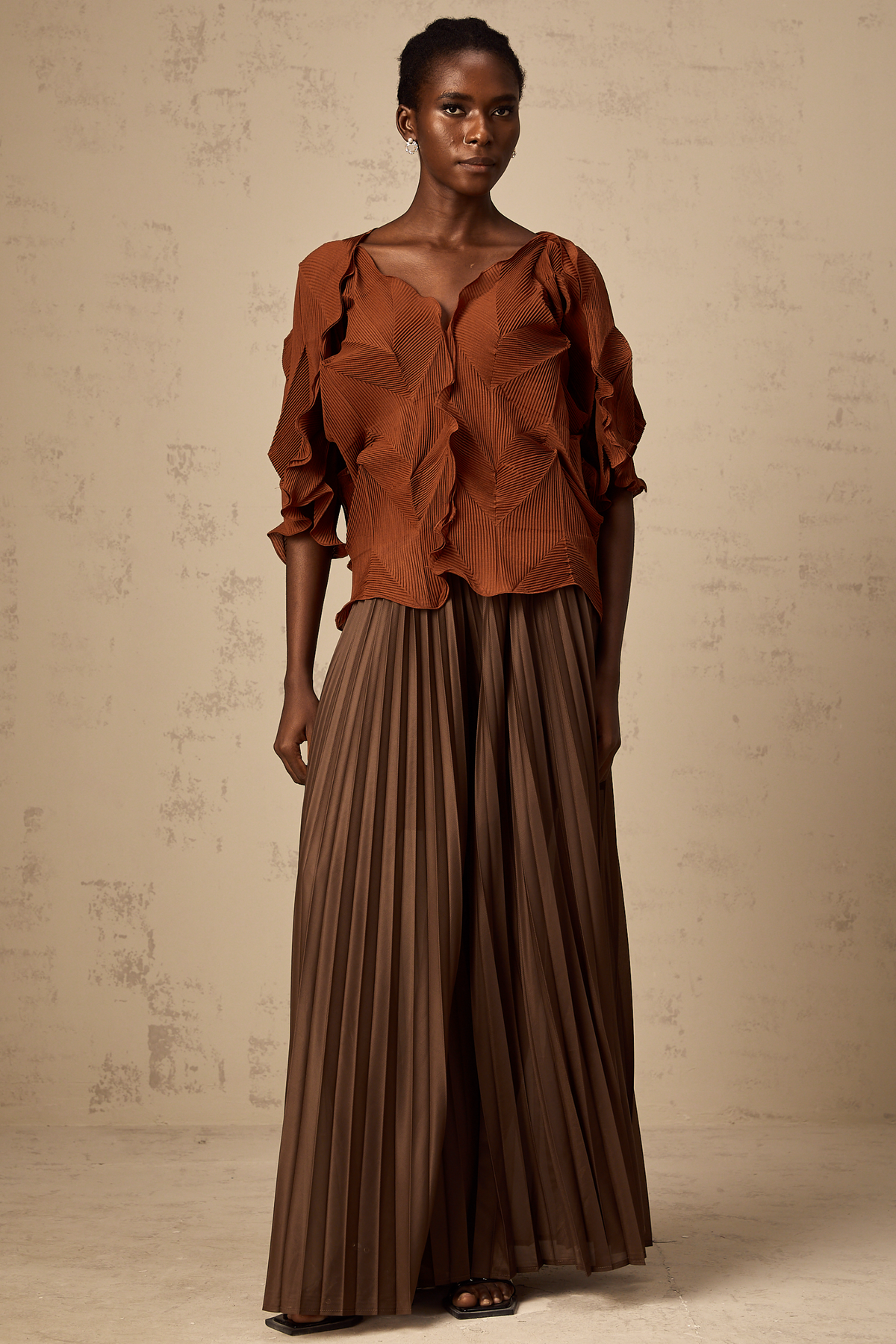 Demi Creased Top and Skirt Set — Brown