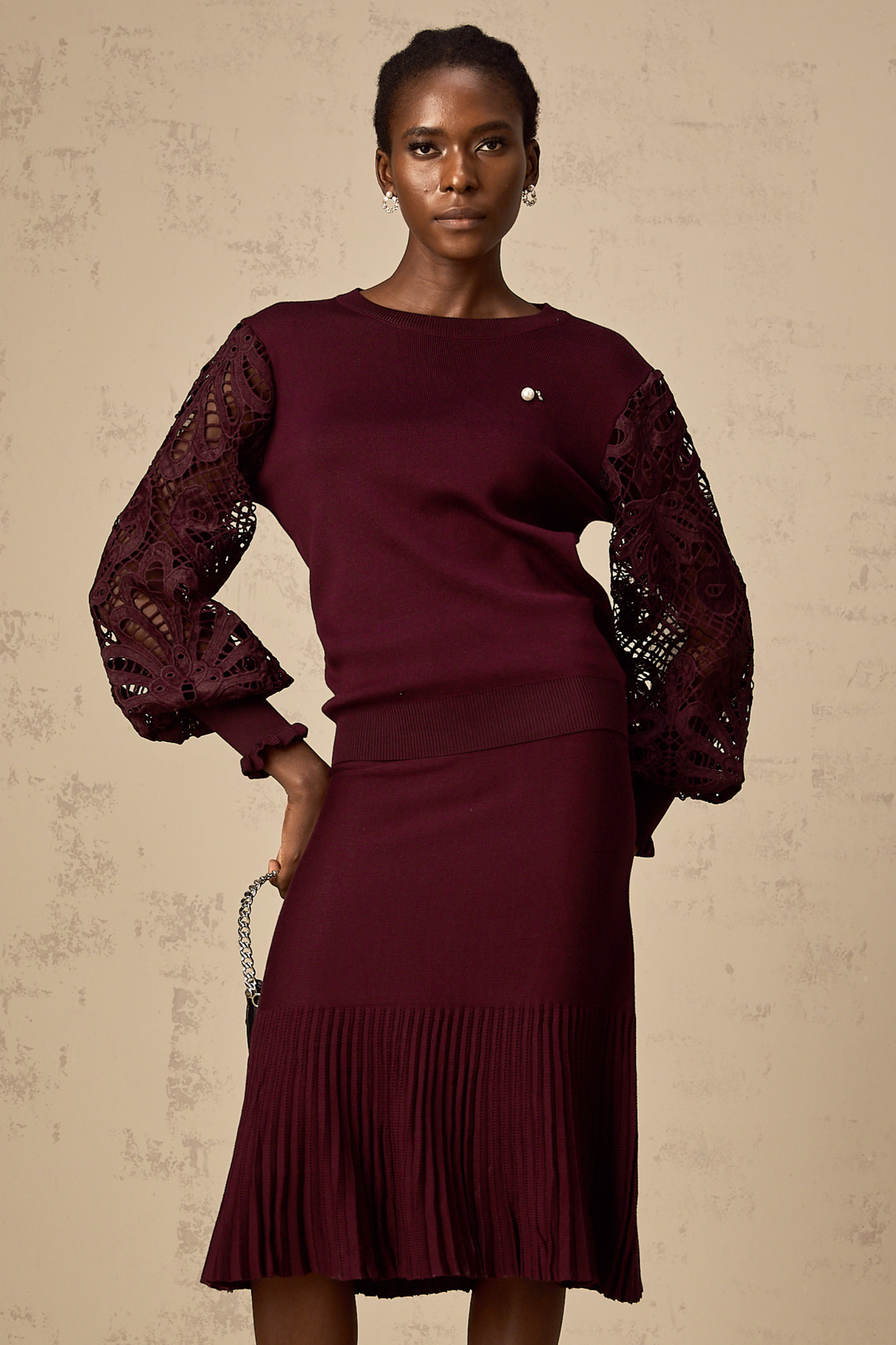 Doreen Knit Blouse and Skirt Set — Bordeaux Red