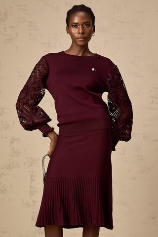 Doreen Knit Blouse and Skirt Set — Bordeaux Red