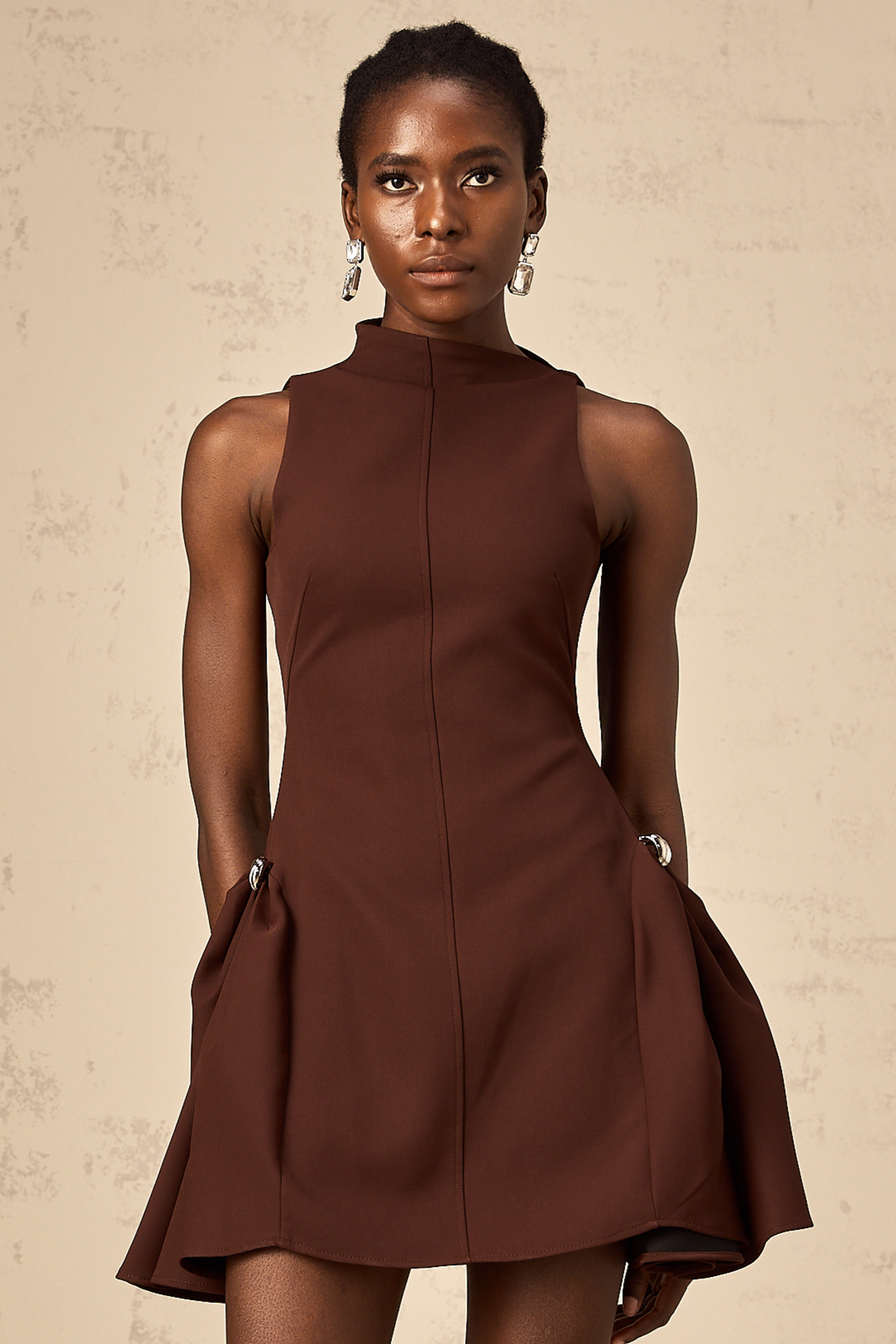 Dora Asymmetric Puff-Skirt Mini Dress — Brown