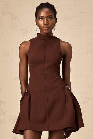 Dora Asymmetric Puff-Skirt Mini Dress — Brown