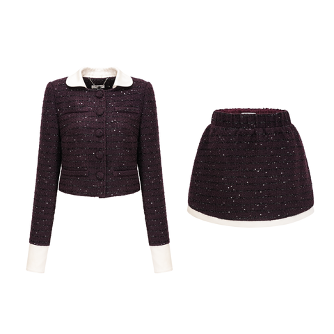 Brigitte Sequined Tweed Jacket and Skirt Set — Purple