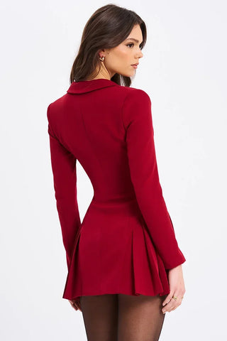 Burgundy Deep-V Blazer Mini Dress, Cuavan