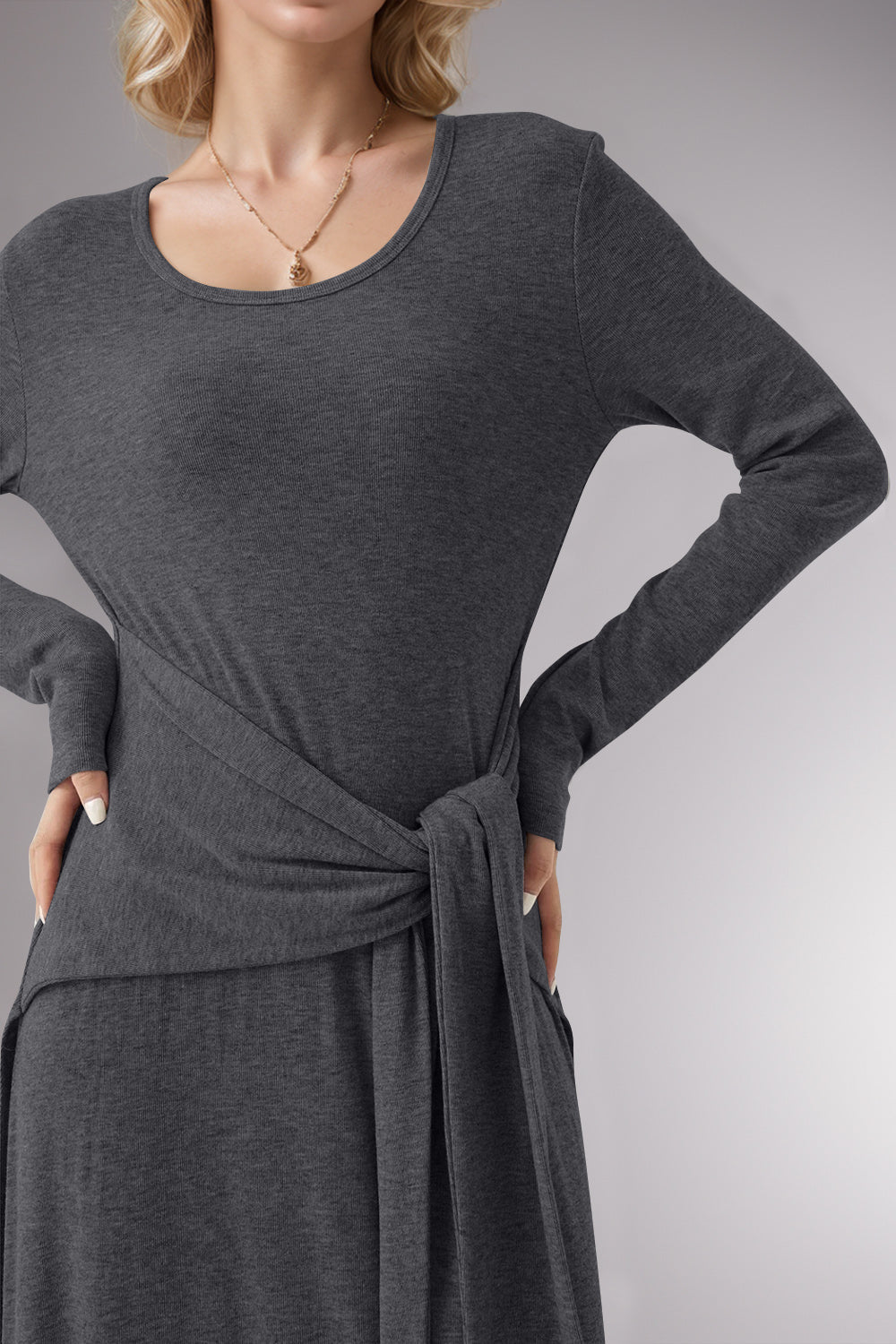 Tied Scoop Neck Long Sleeve Maxi Dress, Cuavan