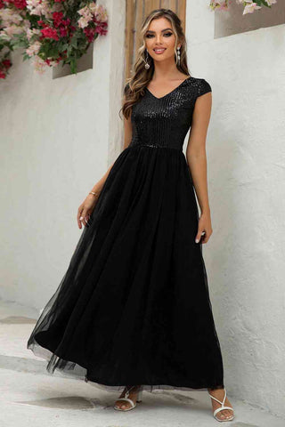 Sequin V-Neck Mesh Maxi Dress, Cuavan