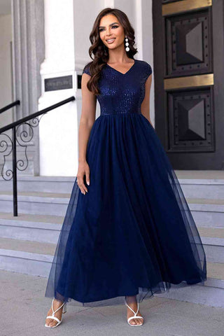 Sequin V-Neck Mesh Maxi Dress, Cuavan