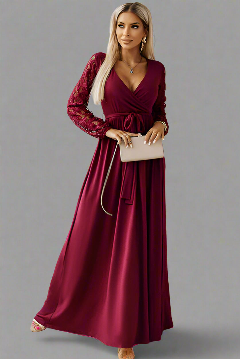 Lace Detail Tie-Waist Maxi Dress, Cuavan