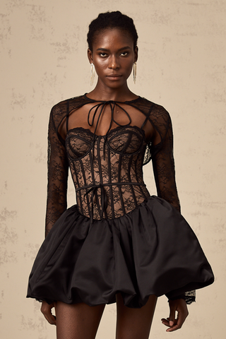 Louise Floral Lace Vest and Corset Dress Set — Black