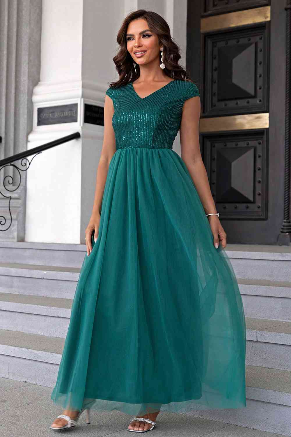 Sequin V-Neck Mesh Maxi Dress, Cuavan