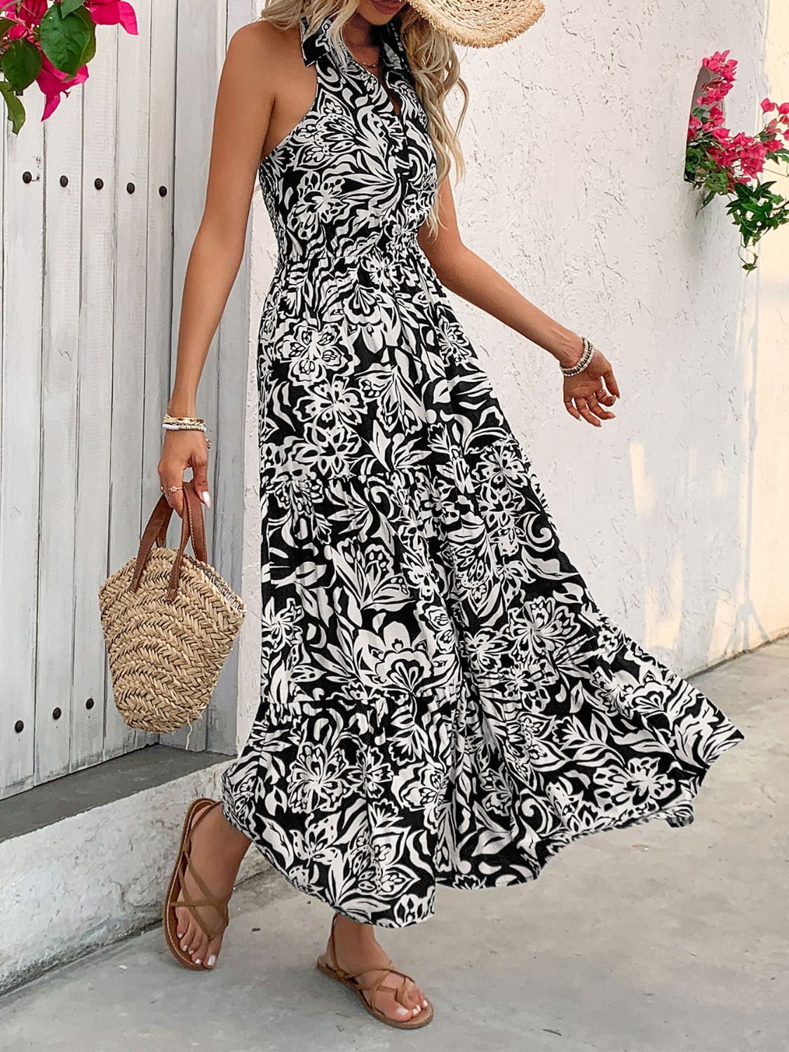 Backless Smocked Printed Midi Dress, Cuavan