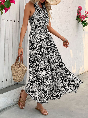 Backless Smocked Printed Midi Dress, Cuavan