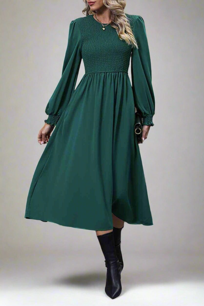 Smocked Long Sleeve Midi Dress, Cuavan