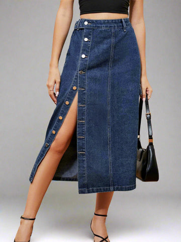 Button-Down Midi Denim Skirt, Cuavan