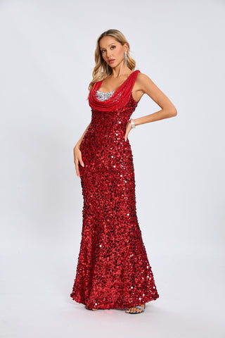 Maisie Sequin Cowl-Neck Maxi Gown — Ruby Red