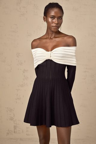 Justine Off-Shoulder Bow Knit Mini Dress — Black & White