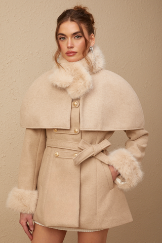 Rosella Faux-Fur Coat with Detachable Cape — Neutral
