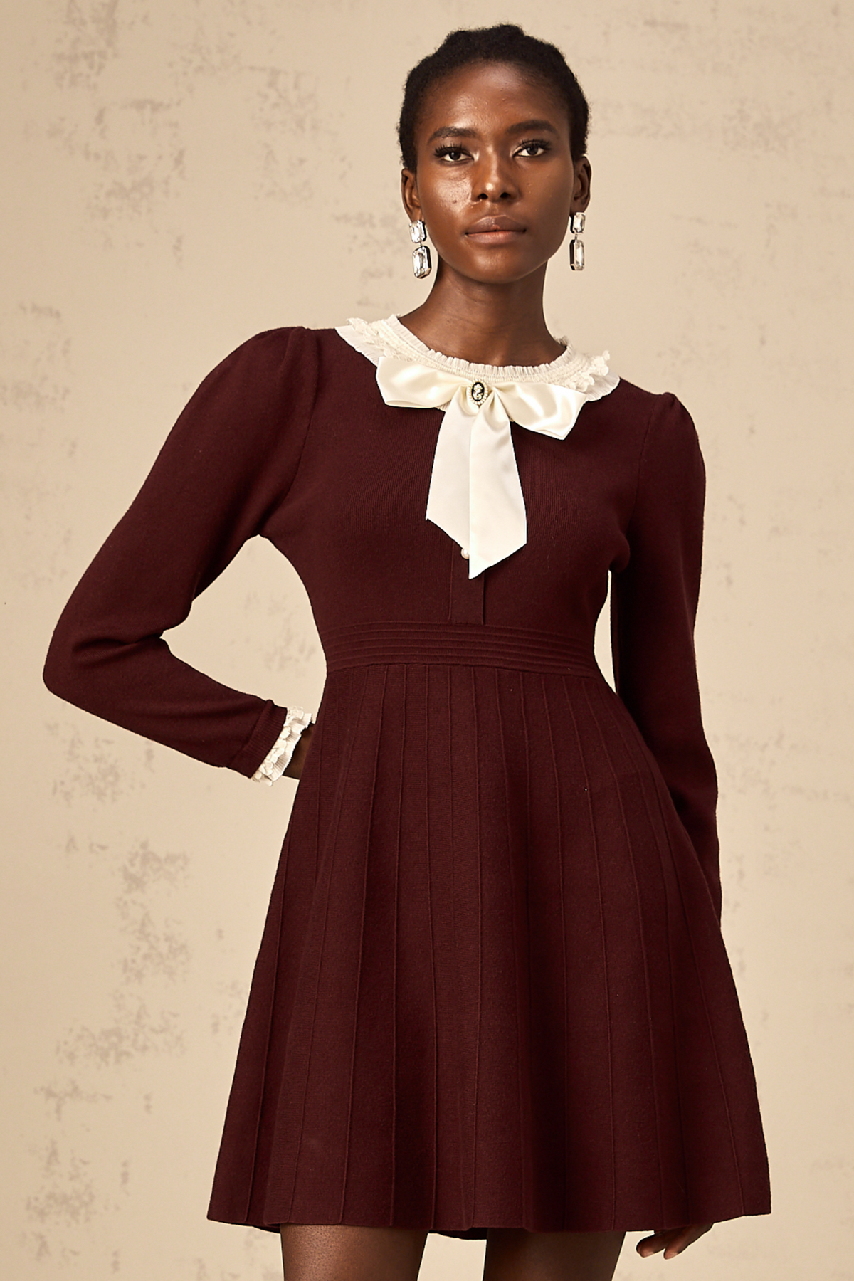 Nova Bow and Ruffle Knit Mini Dress — Wine Red