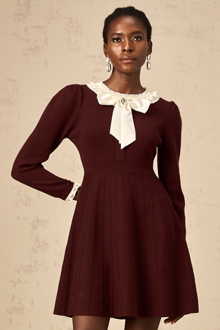 Nova Bow and Ruffle Knit Mini Dress — Wine Red
