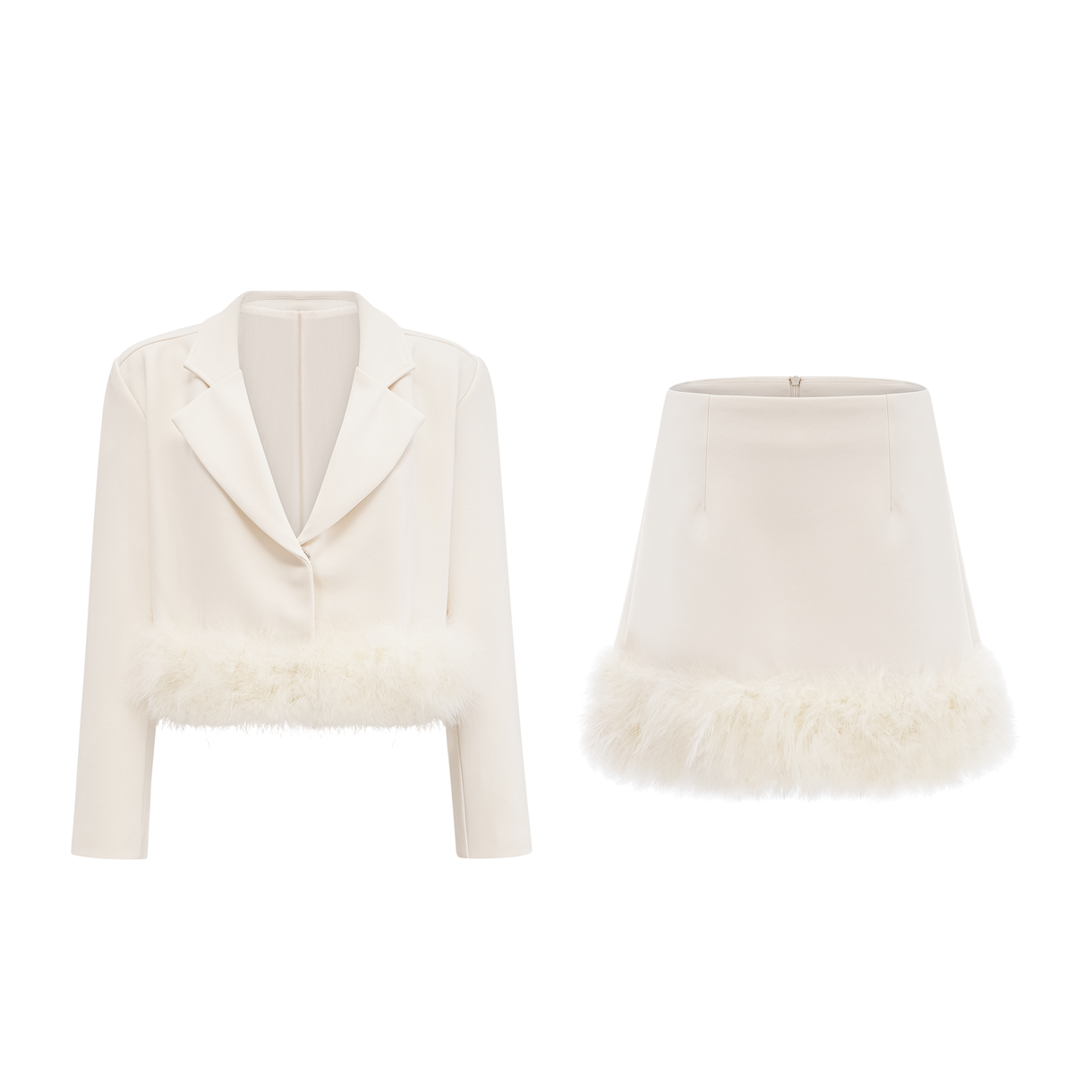 Valérie Feather-Hem Blazer and Skirt Set — White