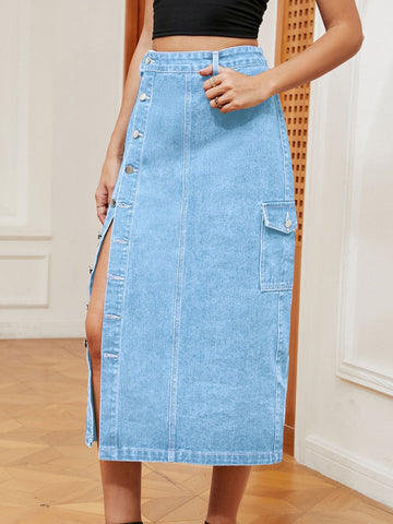 Button-Down Midi Denim Skirt, Cuavan