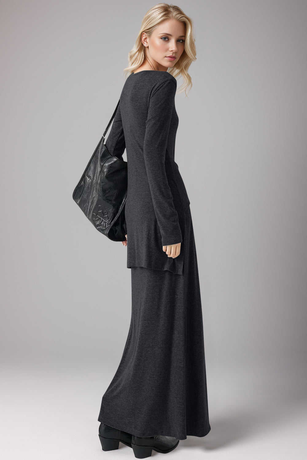 Tied Scoop Neck Long Sleeve Maxi Dress, Cuavan