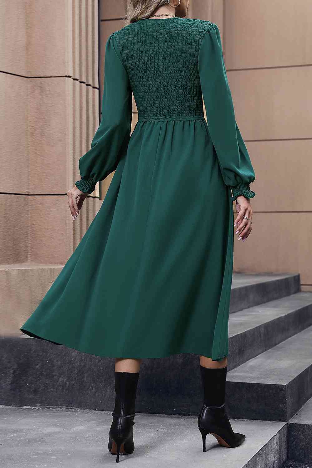 Smocked Long Sleeve Midi Dress, Cuavan