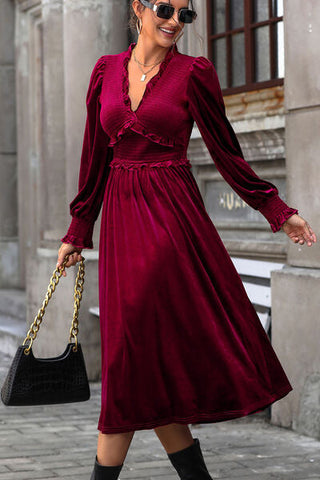 Smocked Lantern Sleeve Midi Dress, Cuavan